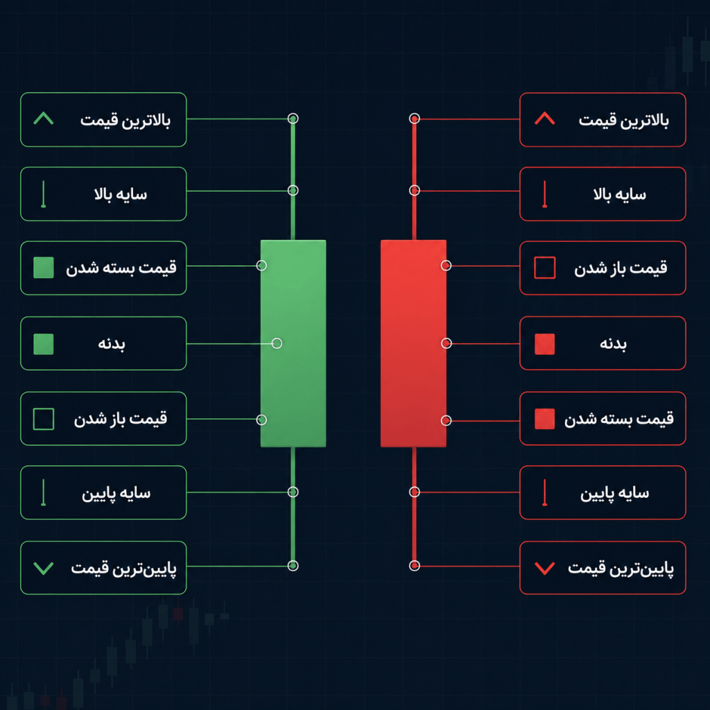 Candlestick anatomy — bullish and bearish candles