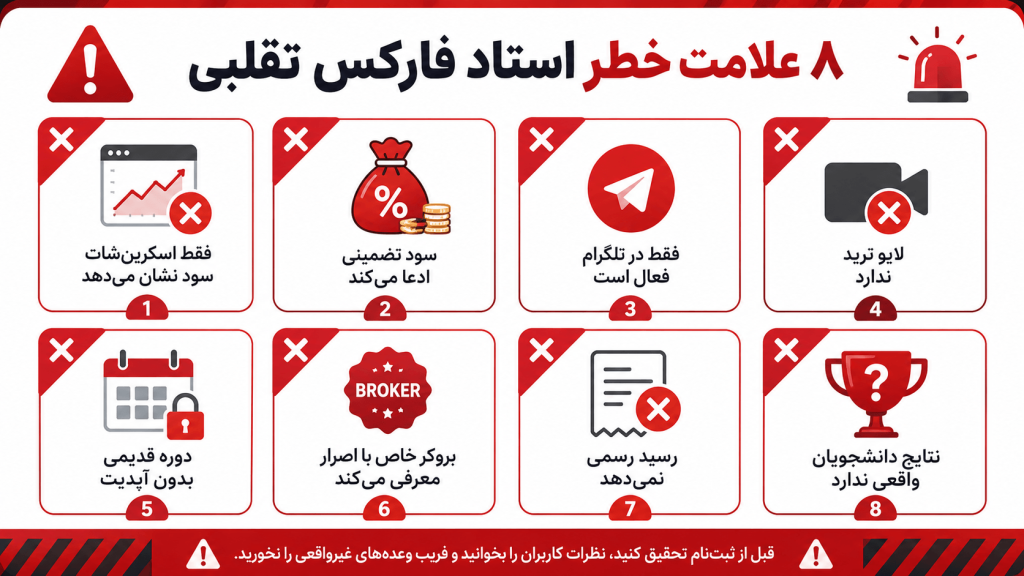۸ علامت هشدار استاد فارکس تقلبی در ایران — چطور کلاهبردار را بشناسیم