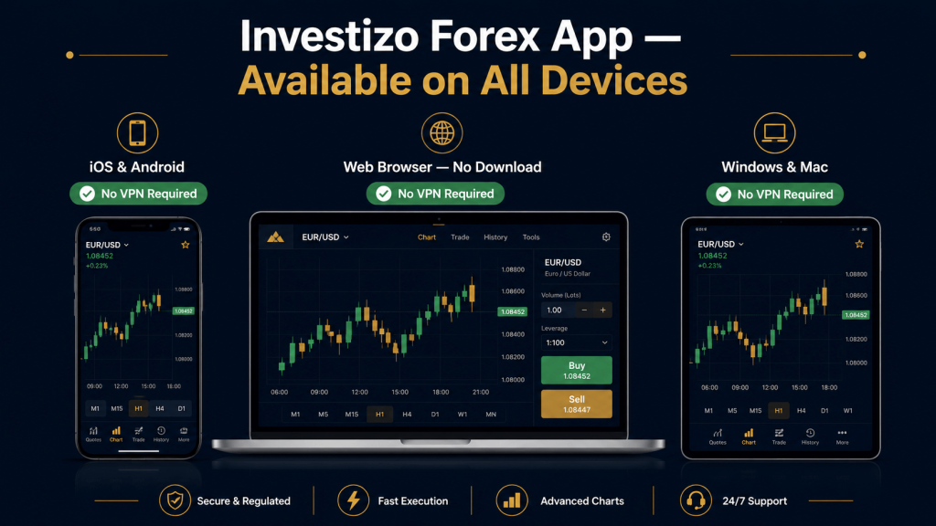 اپلیکیشن فارکس و دانلود پلتفرم Investizo — موبایل، مرورگر و دسکتاپ بدون VPN