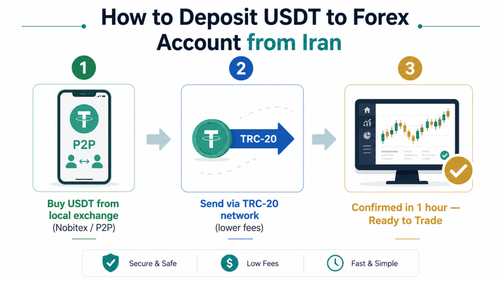 واریز تتری به حساب فارکس از ایران — راهنمای گام به گام USDT TRC-20